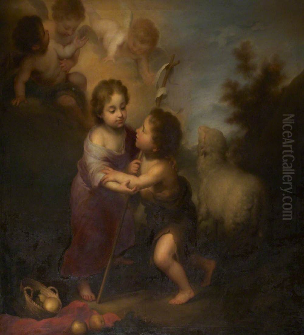 The Infant Christ and Saint John (after Murillo) Oil Painting by Agustin Esteve