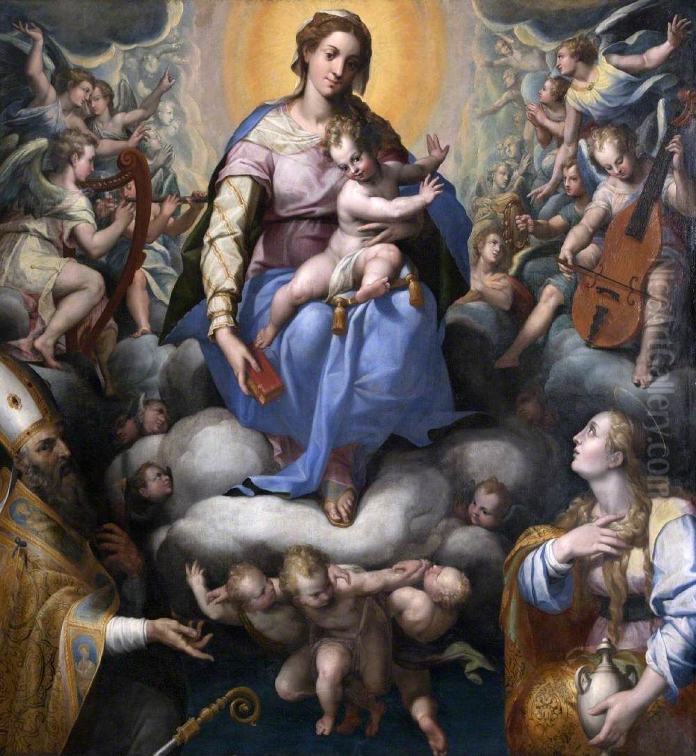 Madonna and Child in a Glory of Music-making Angels with the Magdalen and Saint Petronius Oil Painting by Orazio Samacchini