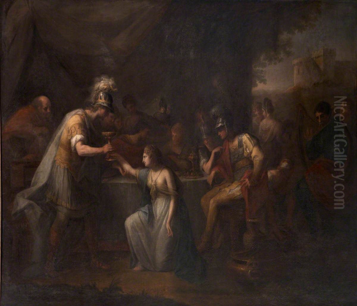 Vortigern, King of Britain, enamoured with Rowena at the Banquet of Hengist, the Saxon General Oil Painting by Angelica Kauffmann
