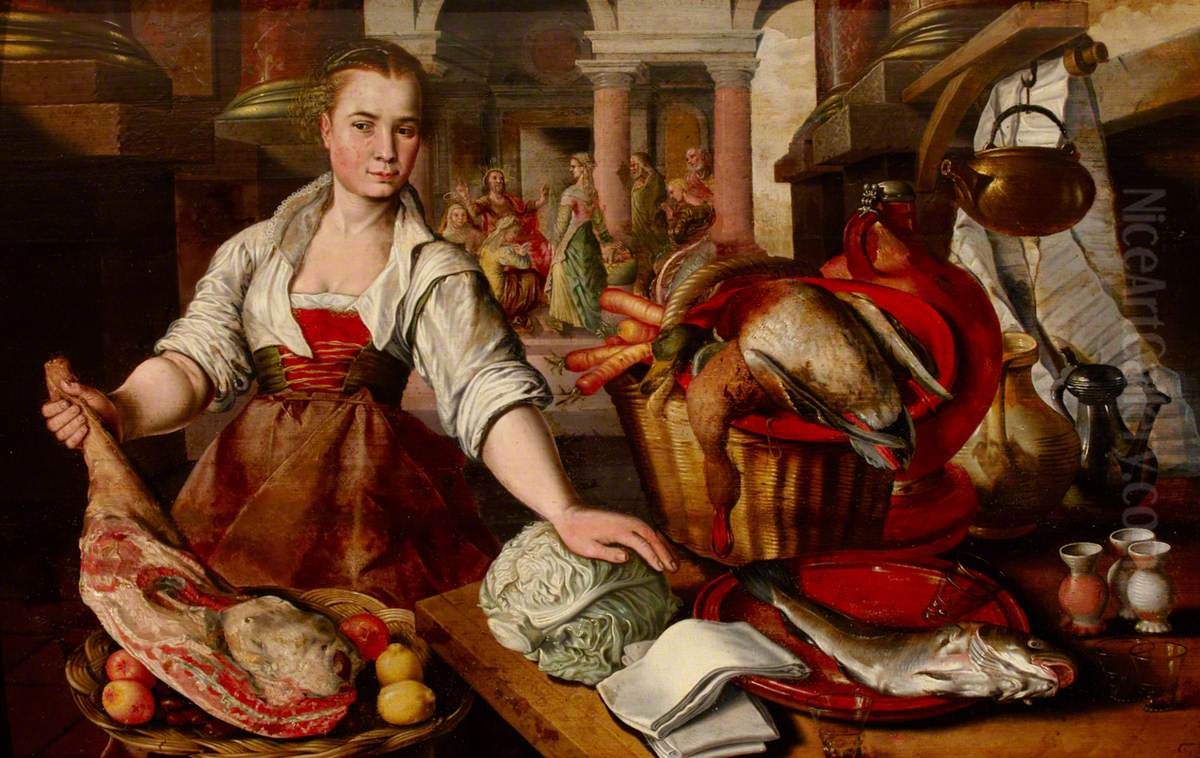 A Maid in a Kitchen with Christ in the House of Martha and Mary in the background Oil Painting by Joachim Beuckelaer