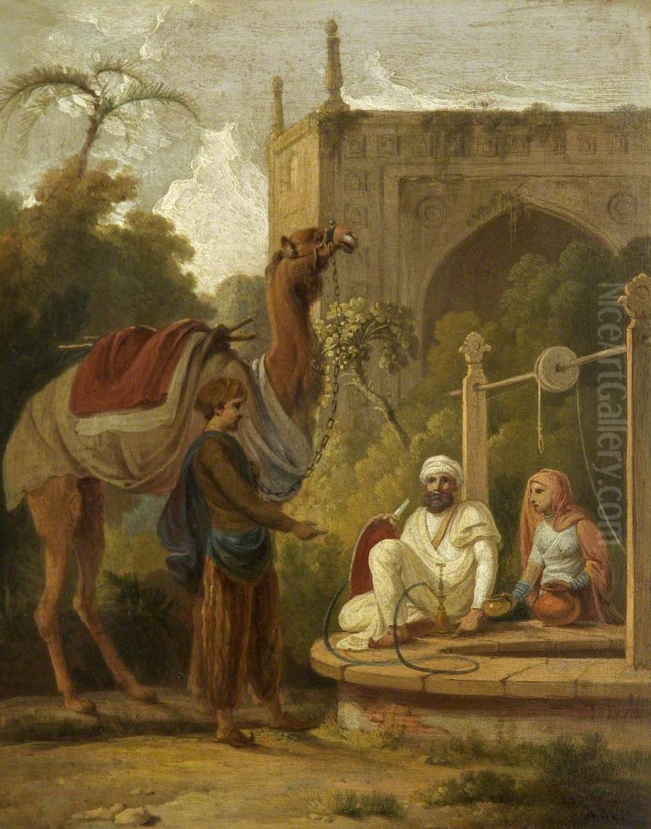 Indian Scene of Figures and a Camel at a Well Oil Painting by Thomas Daniell