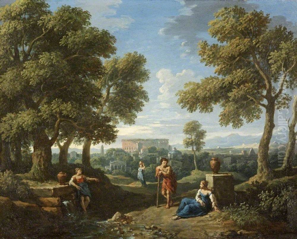 A Classical Landscape, with figures conversing by a Fountain Oil Painting by Jan Frans van Bloemen