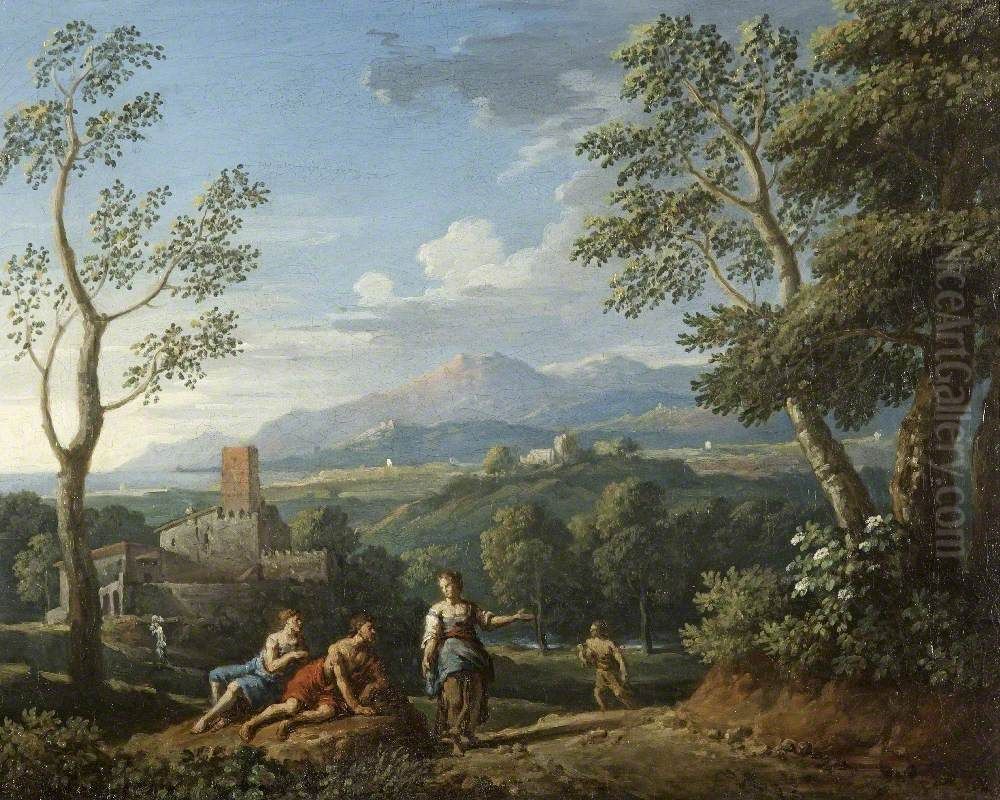A Classical Landscape with Figures resting by a Road Oil Painting by Jan Frans van Bloemen