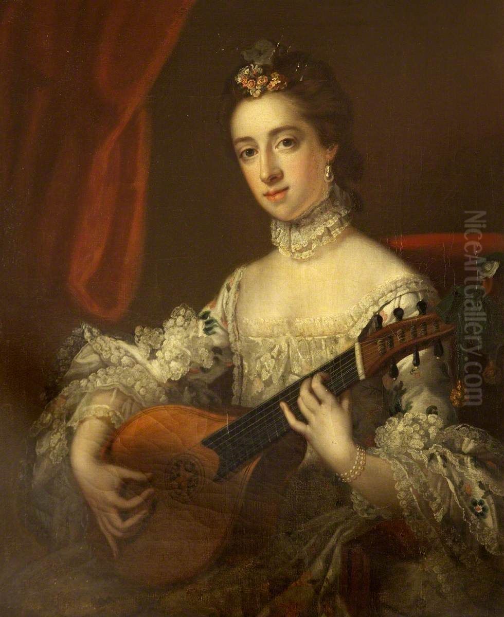 Anne Hoare, Mrs Richard Hoare (1737-1759) playing a Cittern (after Francis Cotes) Oil Painting by Woodforde, Samuel