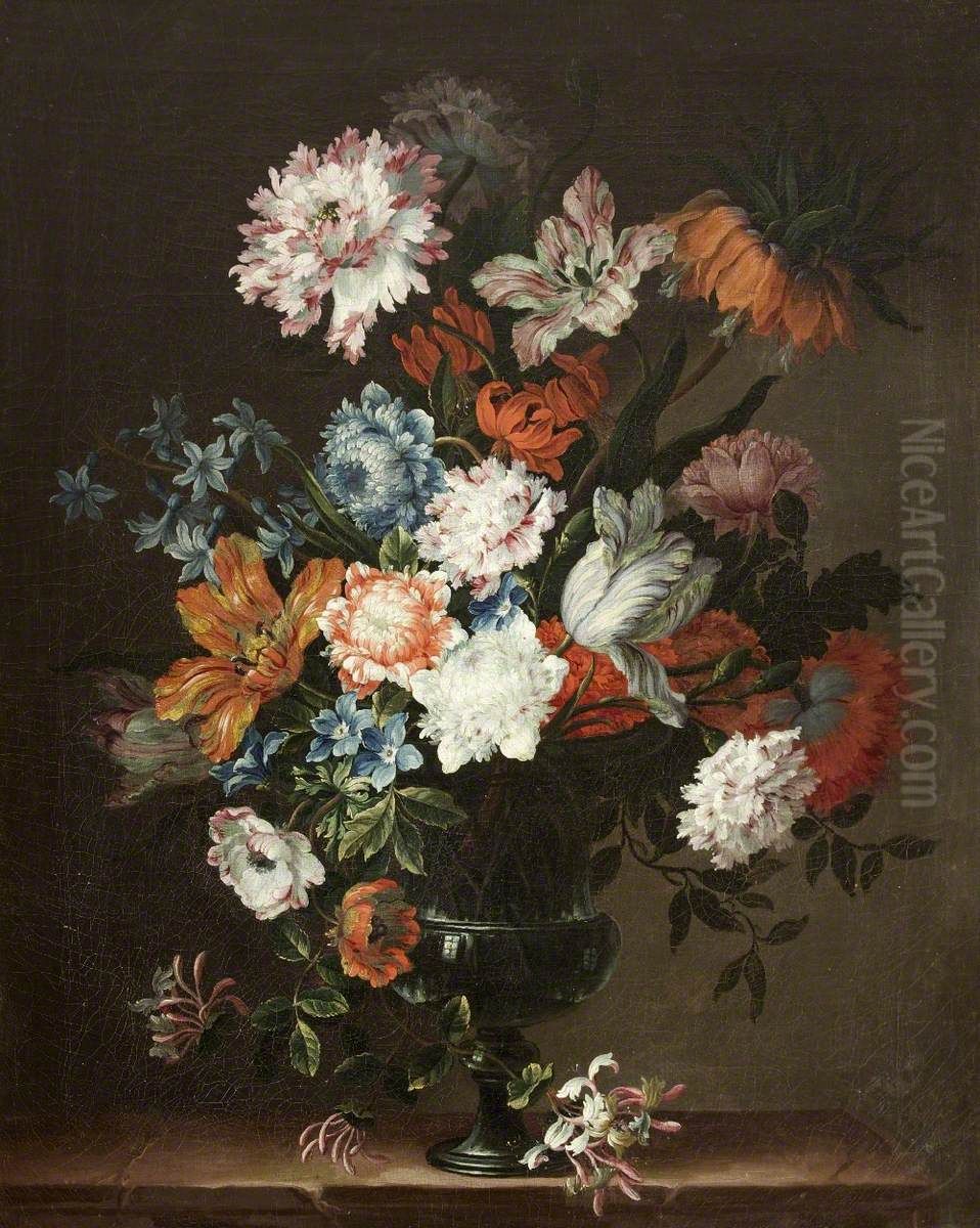 Tulips and Summer Flowers in a Metal Urn Oil Painting by Jean-Baptiste Monnoyer