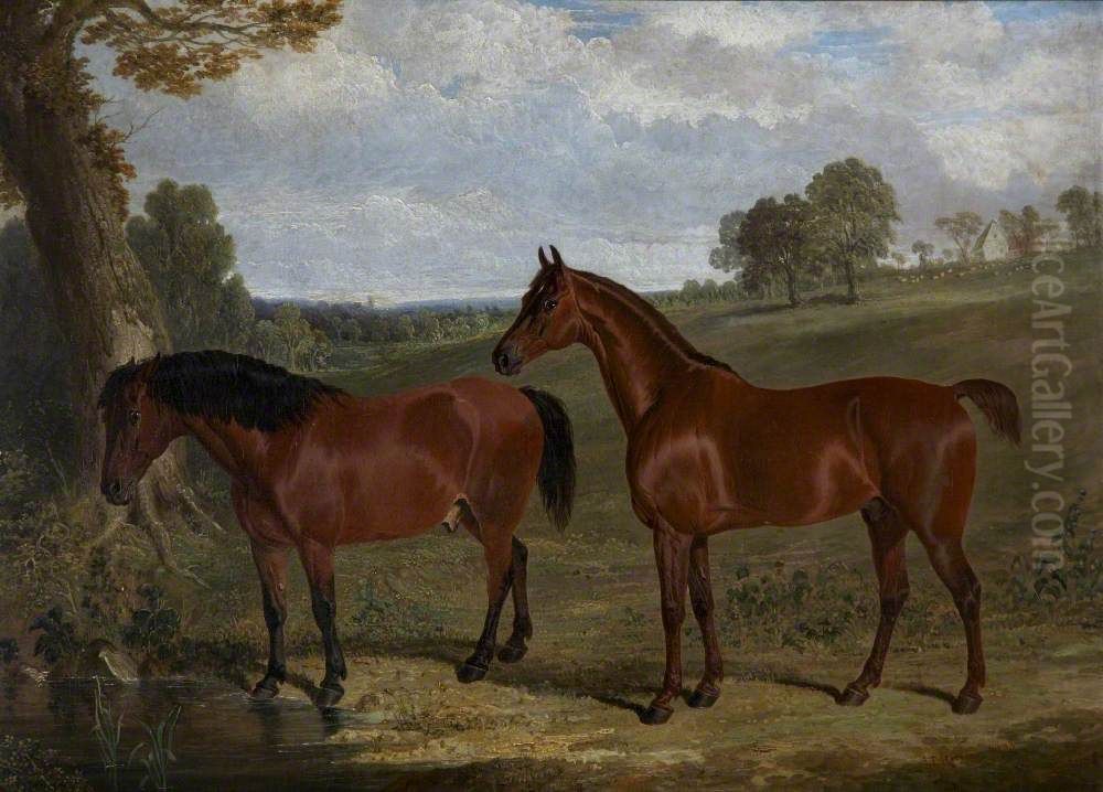 A Bay Horse and Pony in a Landscape Oil Painting by John Frederick Herring, Sr.