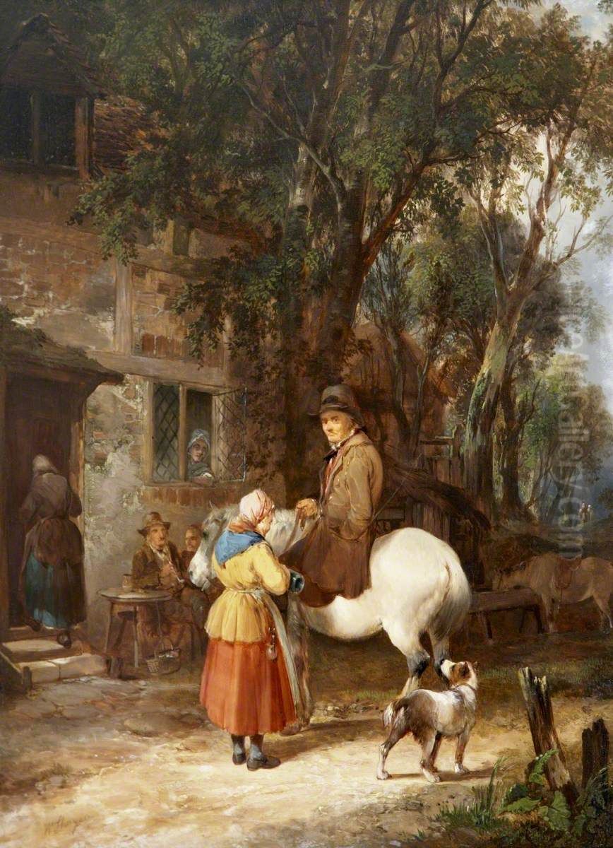 Man on a Horse being served outside an Inn Oil Painting by William Shayer