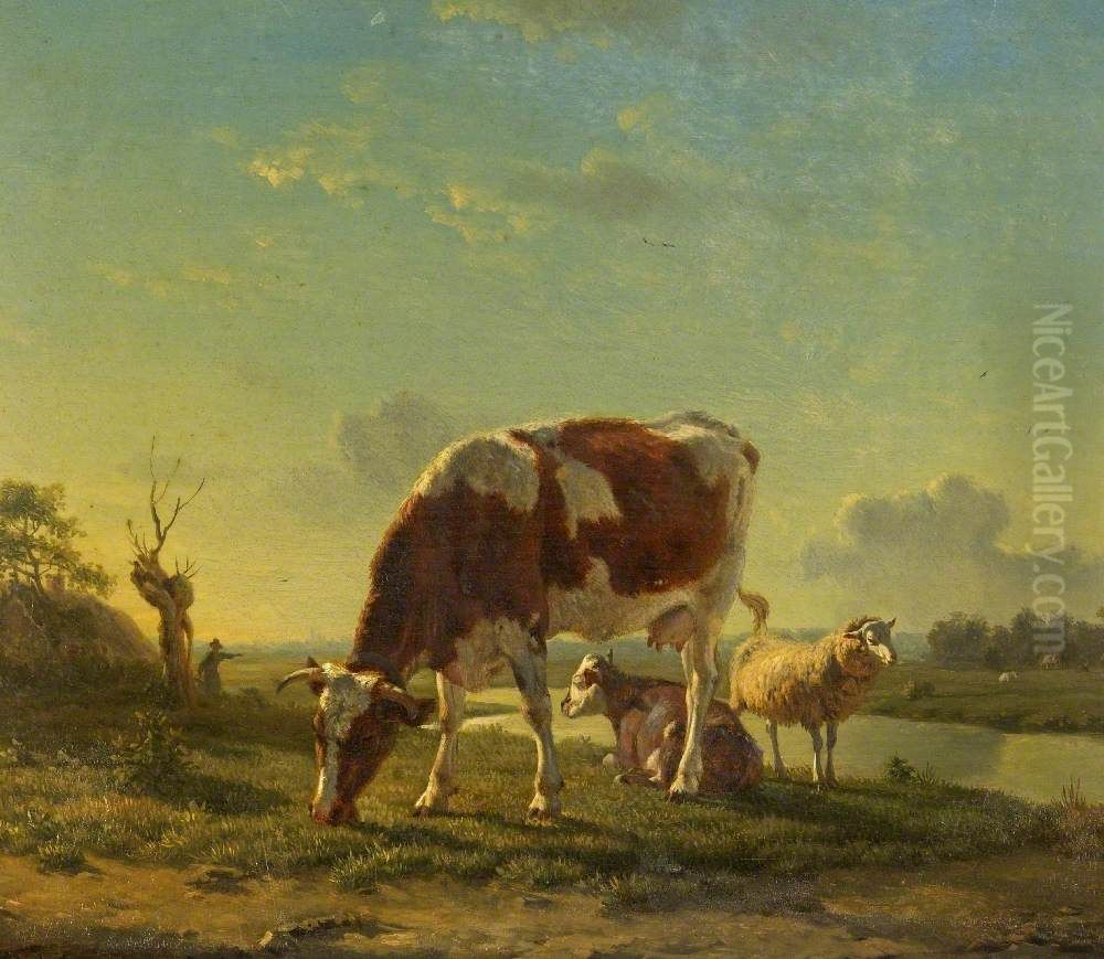 Cattle and Sheep by a River Oil Painting by Jan Baptiste de Jonghe