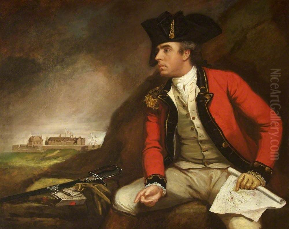 Captain Sir Thomas Hyde Page (1746-1821) holding a Plan of Fort Landguard and seen in the distance Oil Painting by James Northcote