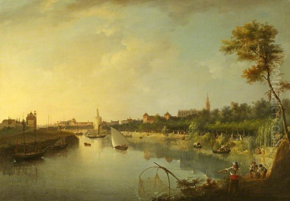 A View of Seville from the Guadalquivir River with the Geraldo Tower Oil Painting by Manuel Barron y Carrillo