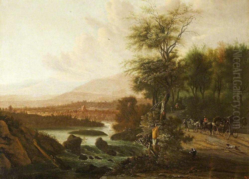 A Wooded River Landscape with a Coach and Figures on a Road Oil Painting by Willem Schellinks