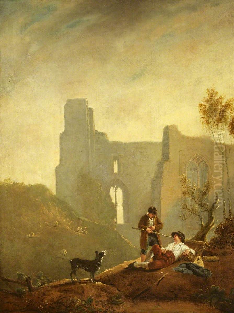 A Sleeping Shepherd with Ruins of Kenilworth Castle (after Callcott) Oil Painting by Octavius Oakley