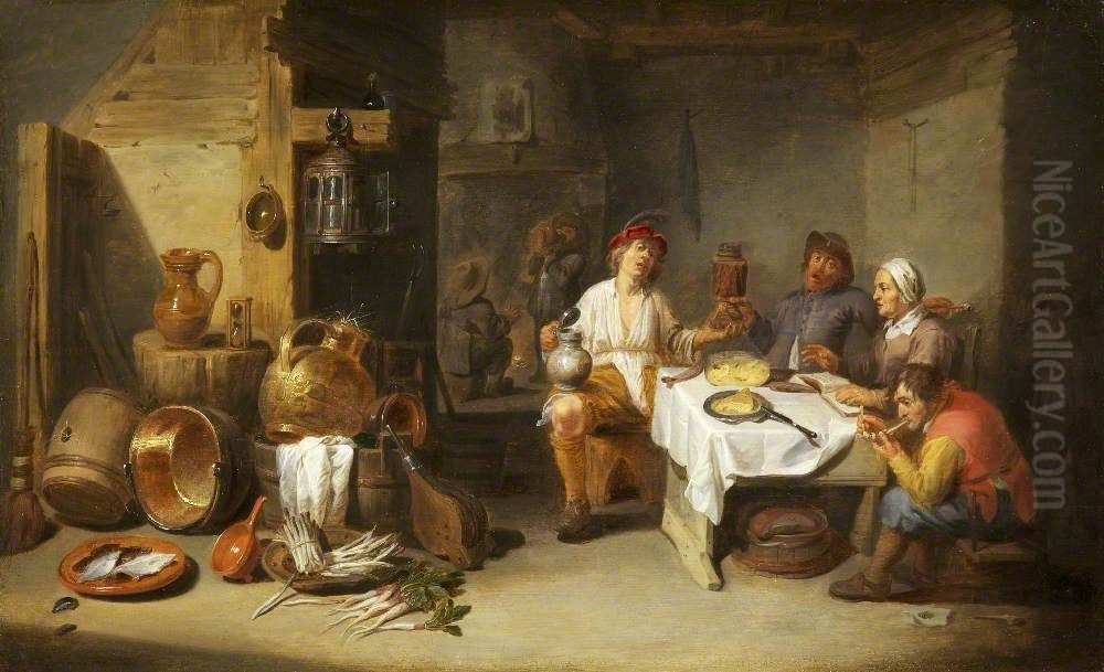 A Poor Company at a Table in a Rustic Kitchen (Le petit chaudron) Oil Painting by Willem van, the Elder Herp