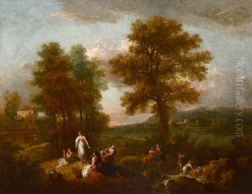 An Italian Landscape with Children Fishing Oil Painting by Francesco Zuccarelli