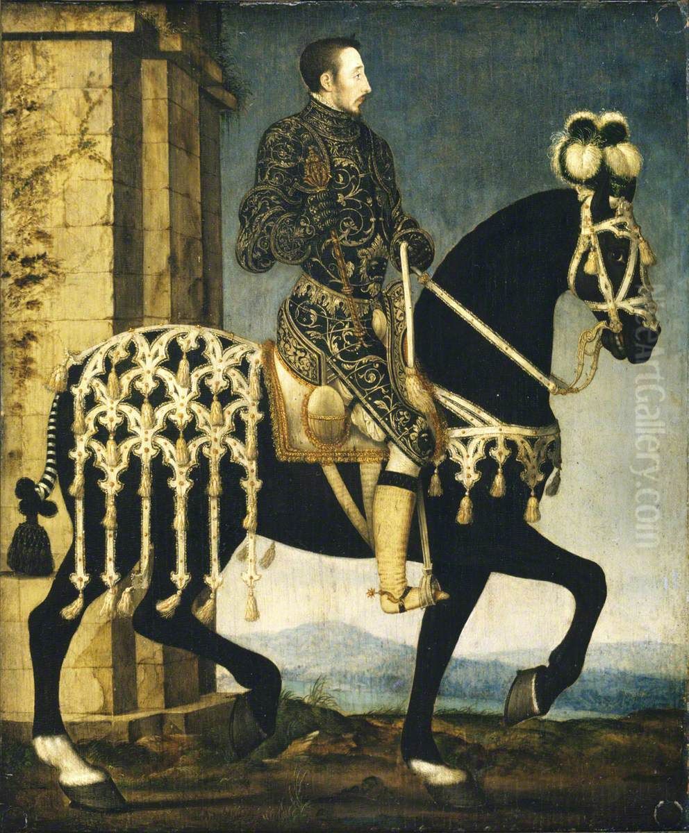King Henri II, King of France (1519-1559) on Horseback Oil Painting by Francois Clouet