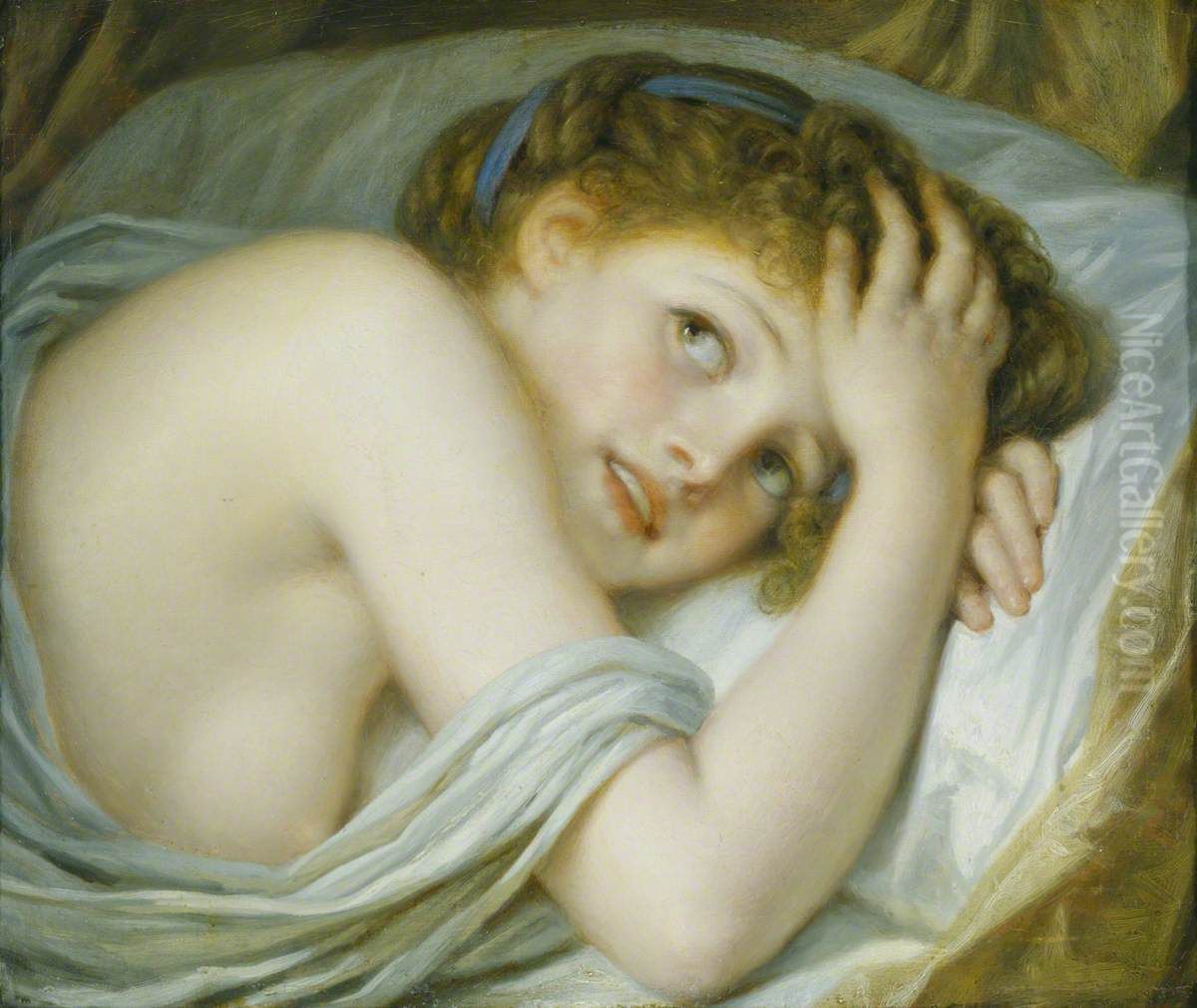 A Girl lying in Bed Oil Painting by Jean-Baptiste Greuze