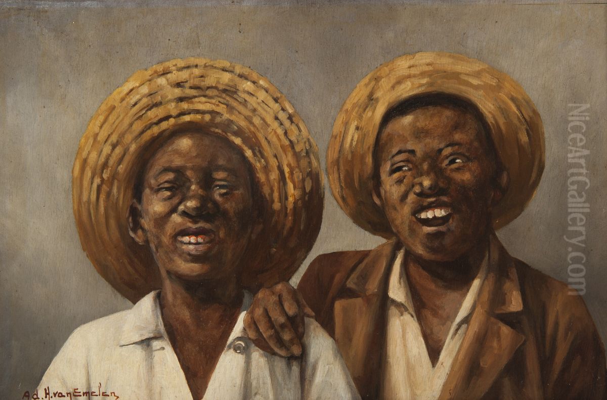 Dois Negrinhos com Chapeu Oil Painting by Adrien Henri Vital van Emelen