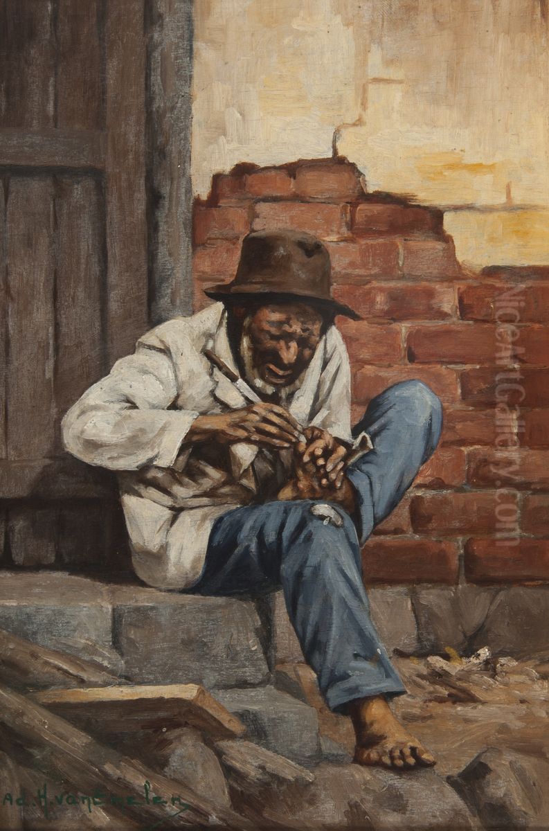 Negro Mexendo no Pe com Faca Oil Painting by Adrien Henri Vital van Emelen