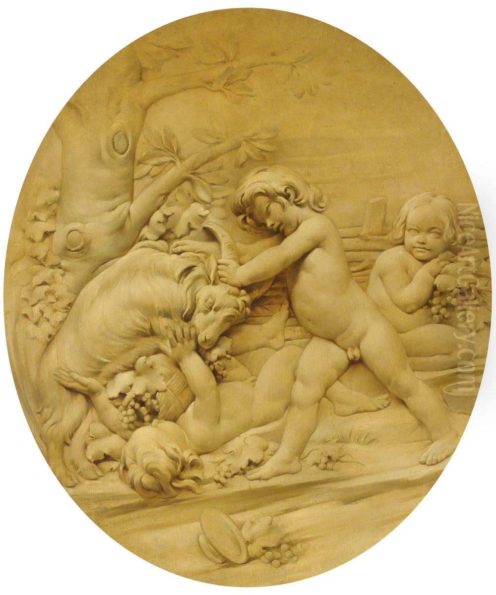 Autumn: Putti with Goat and Grapes (after Edme Bouchardon) Oil Painting by Edme Bouchardon
