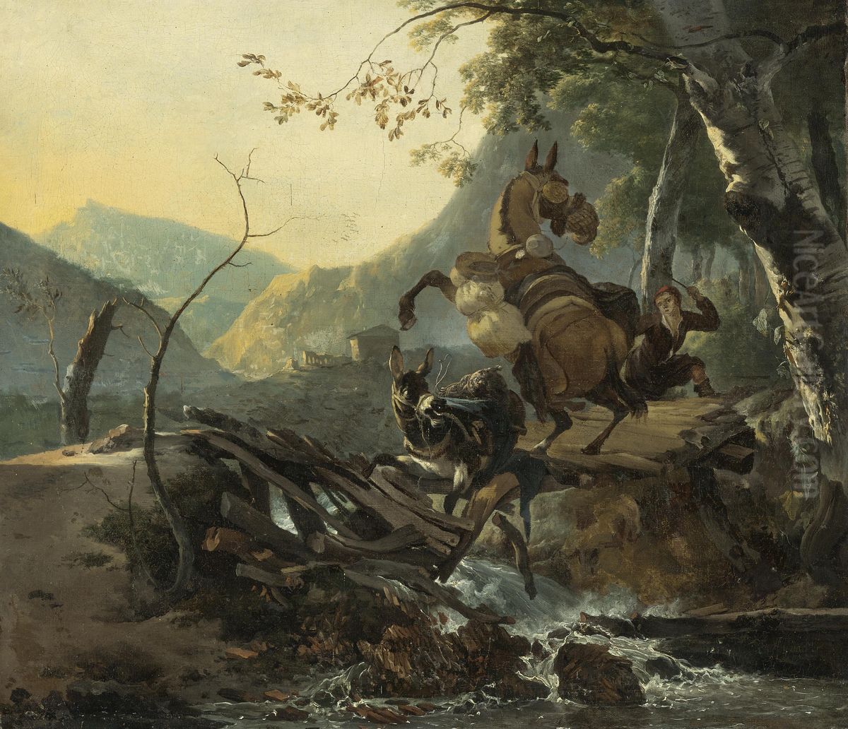 An Italianate landscape with two donkeys crossing a collapsing bridge Oil Painting by Adam Pynacker