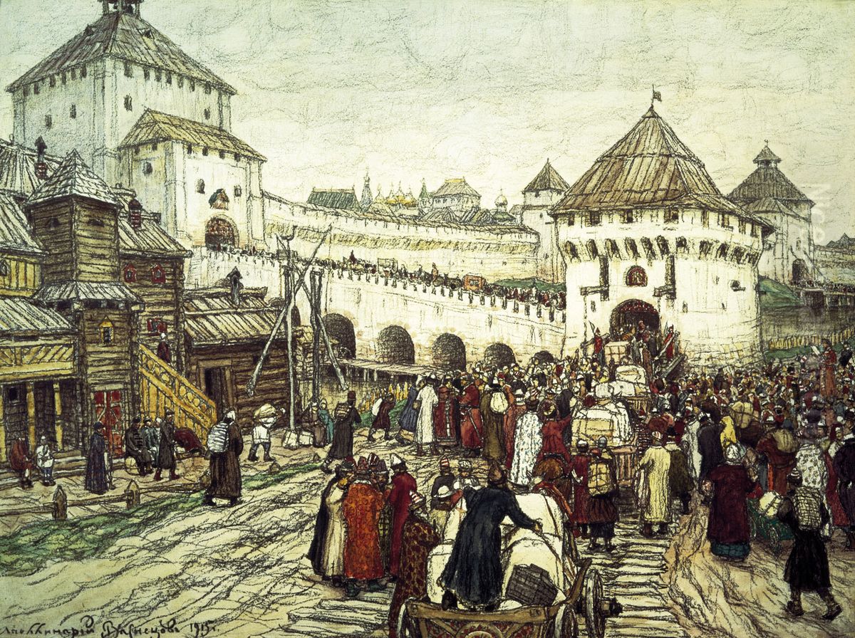In the siege seating. Trinity Bridge and Kutafya Tower Oil Painting by Apollinary Vasnetsov