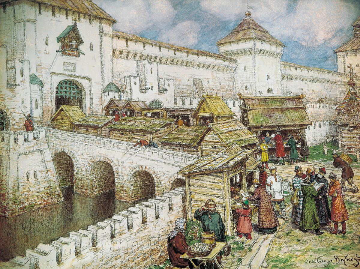 <<Kniznye lavocki na Spasskom mostu v XVII veke>> Oil Painting by Apollinary Vasnetsov