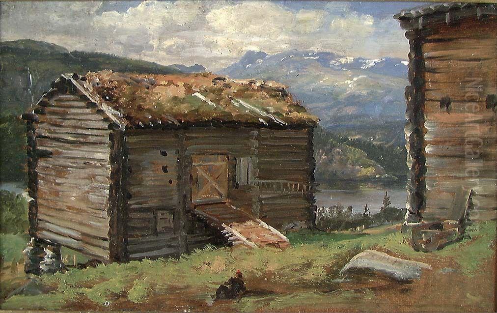 Farm Buildings at Hjelle in Valdres Oil Painting by Johan Wilhelm Ludwig Dahl