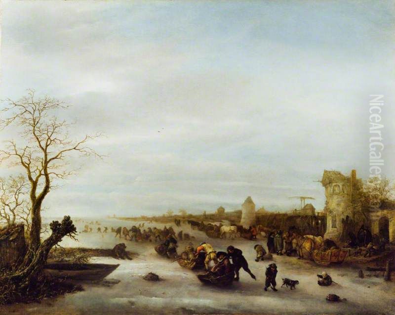 A Winter Scene Oil Painting by Isaac Van Ostade