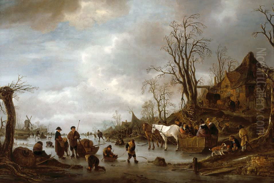 Winter Landscape near an Inn Oil Painting by Isaac Van Ostade