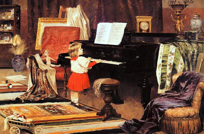 Girl at the piano Oil Painting by Aurelio de Figueiredo