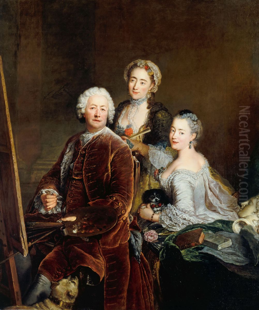 Self-portrait with Daughters Henriette Joyard and Marie de Rege in front of the easel Oil Painting by Antoine Pesne