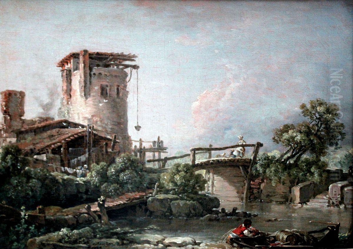 Landscape with tower and bridge Oil Painting by Francois Boucher