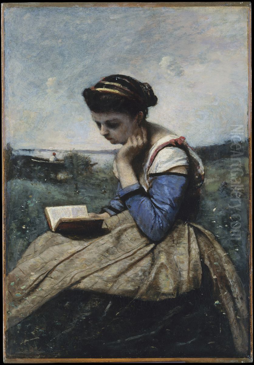 Femme lisant Oil Painting by Jean-Baptiste Camille Corot