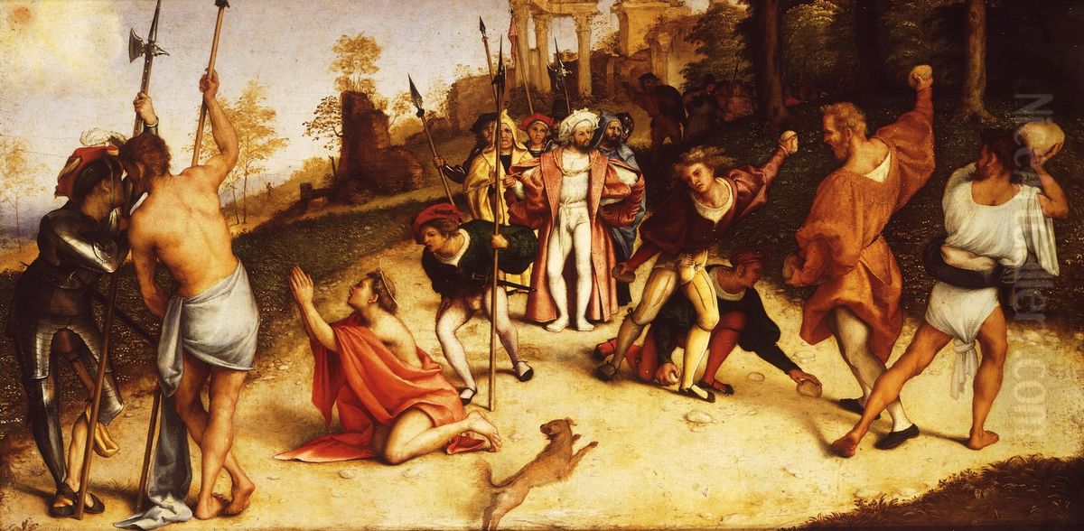 Martyrdom of St Stephen, division of Martinengo Altarpiece Oil Painting by Lorenzo Lotto