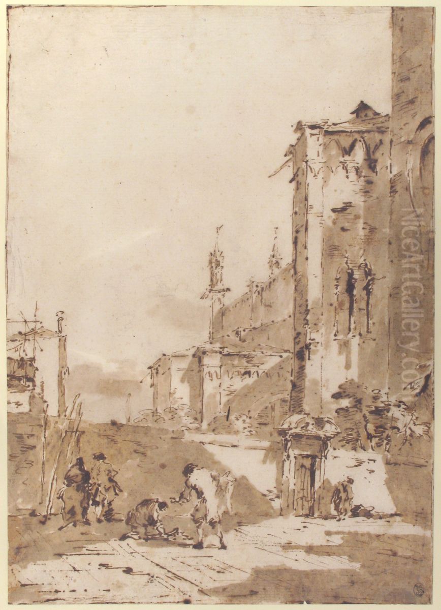 Dice Players in a Venetian Square Oil Painting by Francesco Guardi