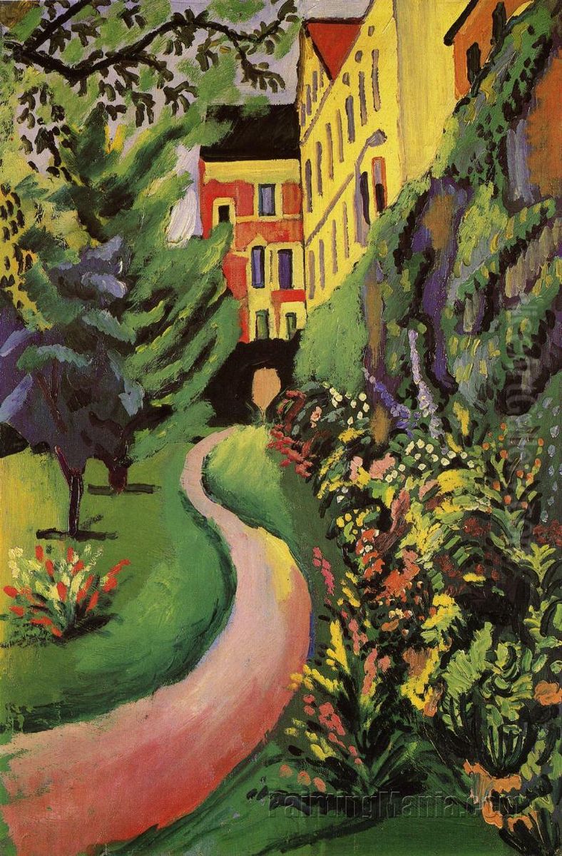 Our garden with blooming borders Oil Painting by August Macke