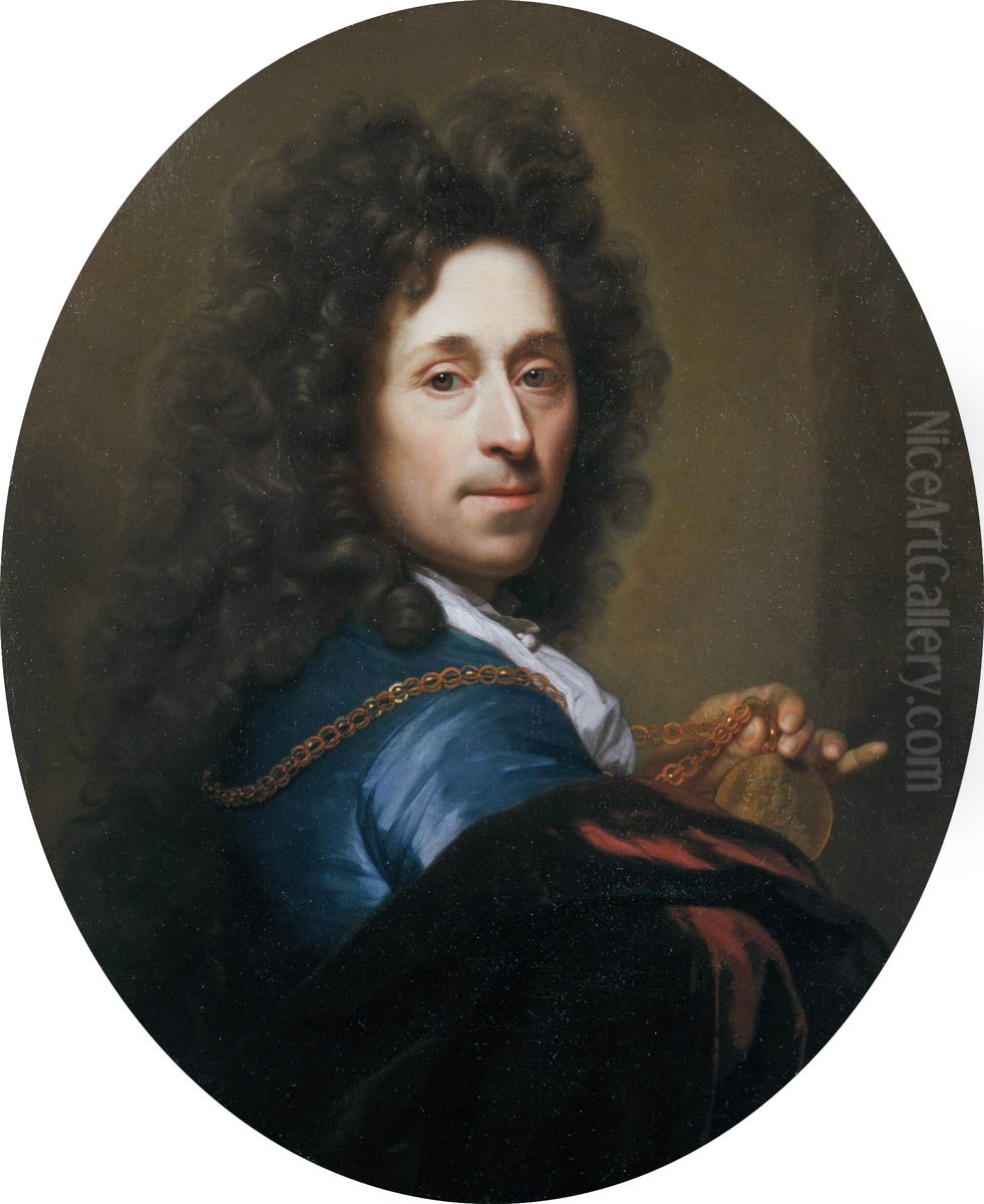 Self portrait of Godefridus Schalcken (1643-1706) with the medal of Johann Wilhelm, Elector Palatine Oil Painting by Godfried Schalcken