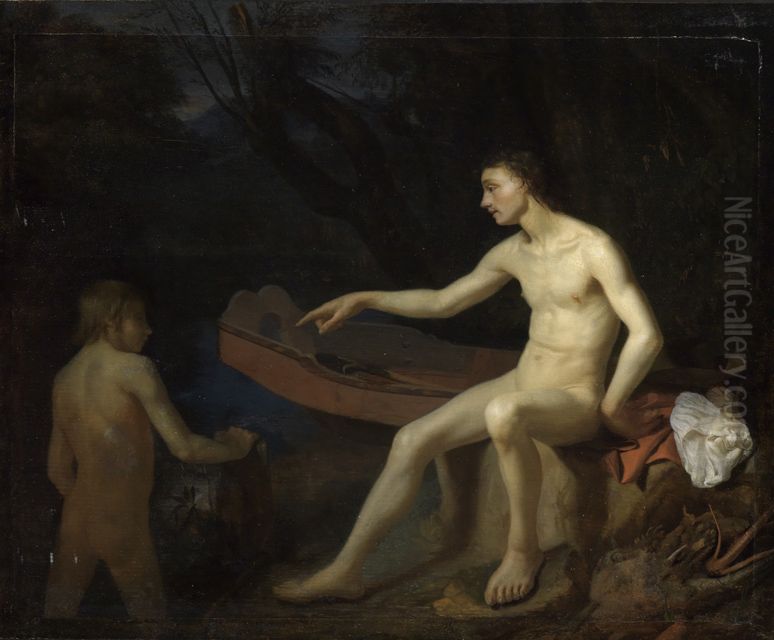 Two Men Bathing Oil Painting by Godfried Schalcken