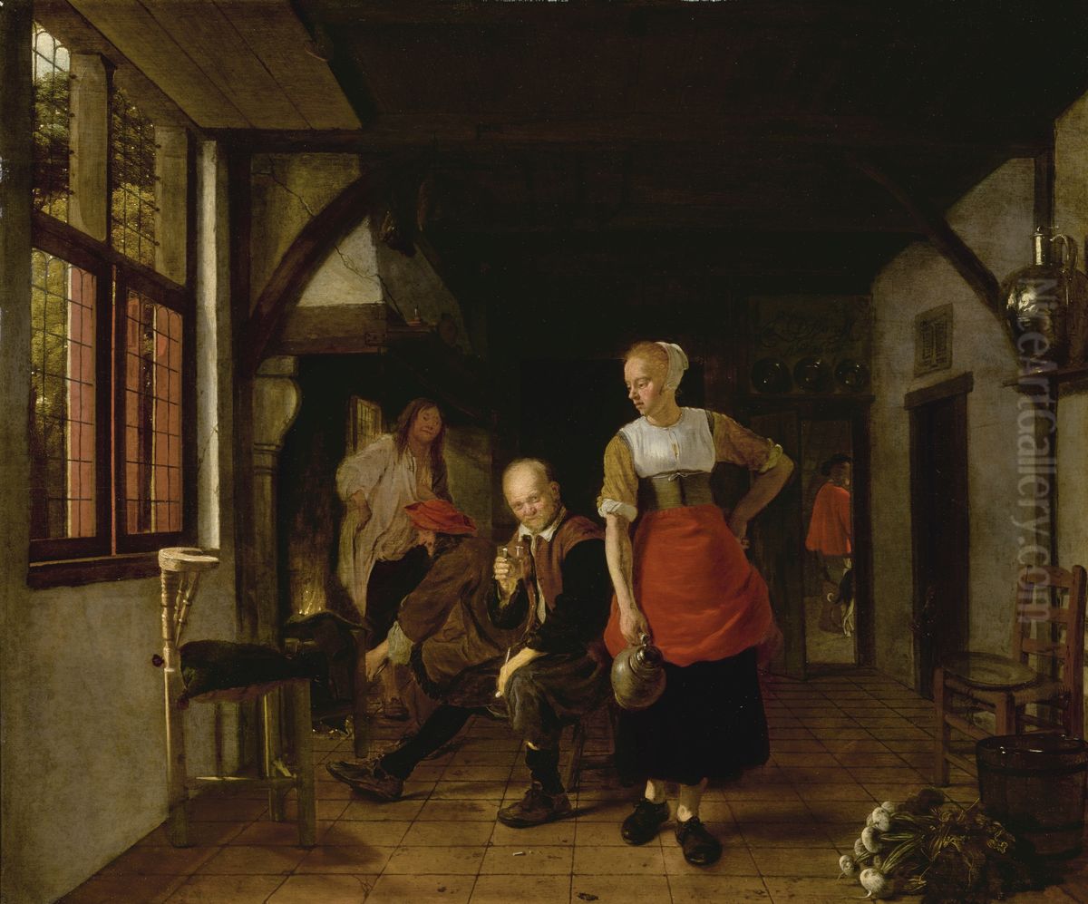 A Maid holding a Jug and Three Men by the Fire Oil Painting by Ludolf de Jongh