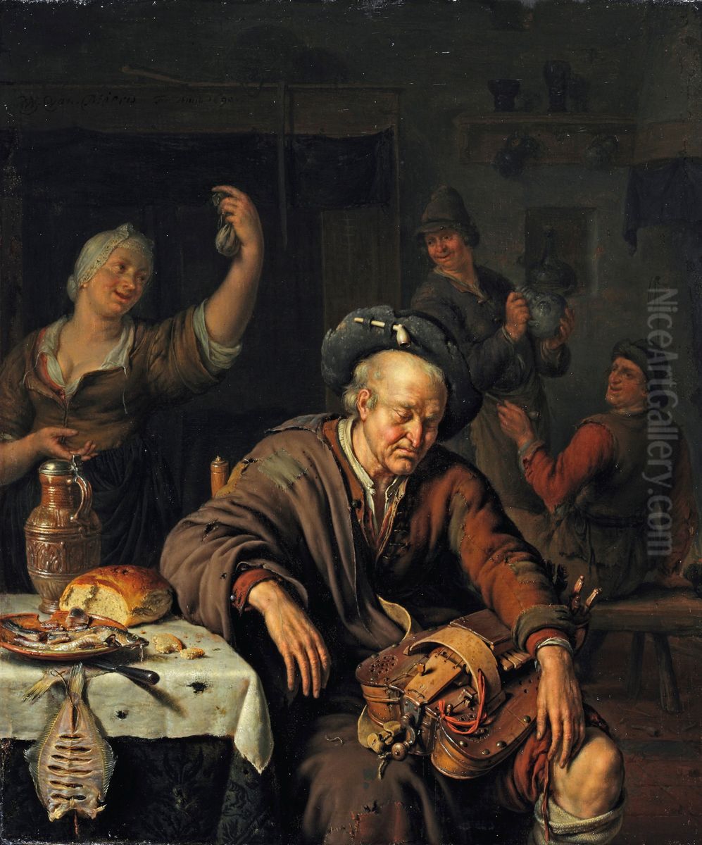 Sleeping Hurdy-Gurdy Man Oil Painting by Willem Van Mieris Leiden