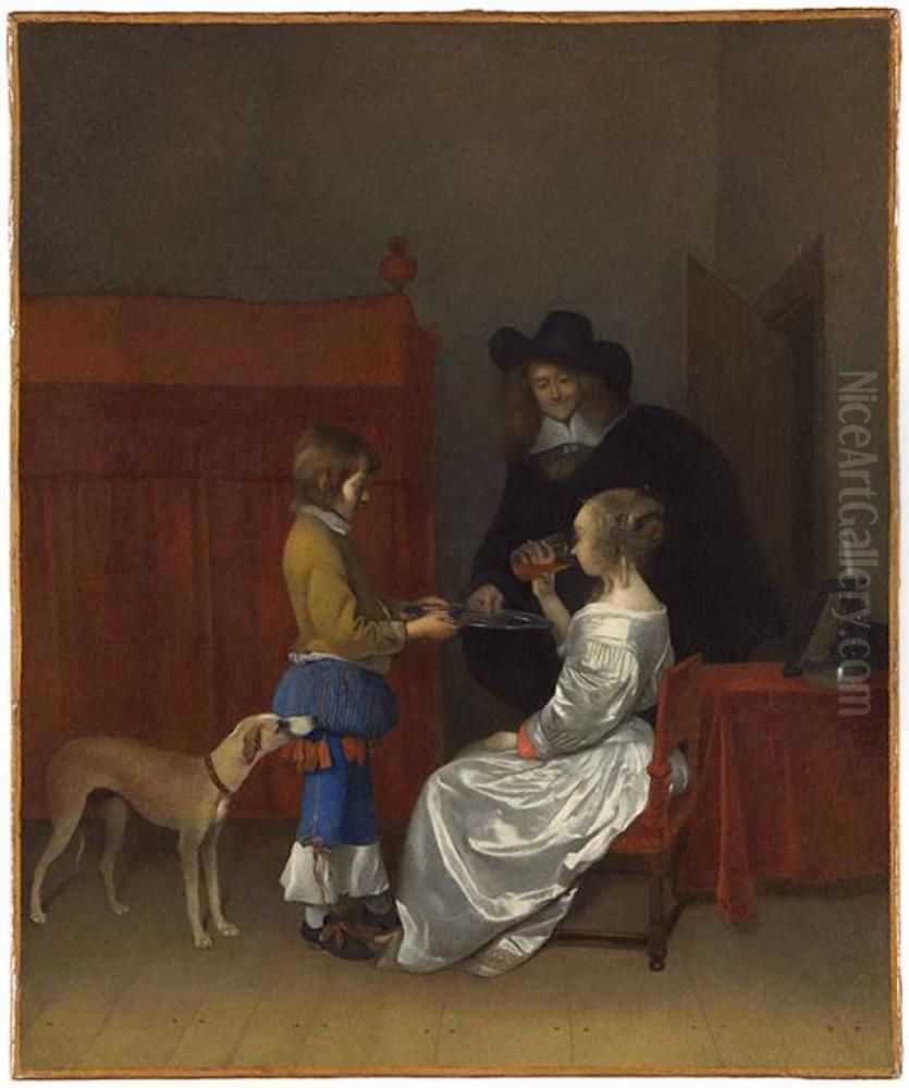 Gentleman offering a glass of wine to a lady Oil Painting by Gerard Ter Borch