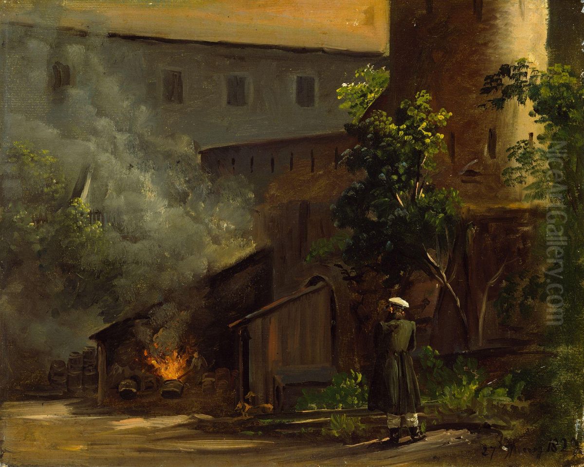 From a Courtyard at the Scharfenberg Castle near Dresden Oil Painting by Thomas Fearnley