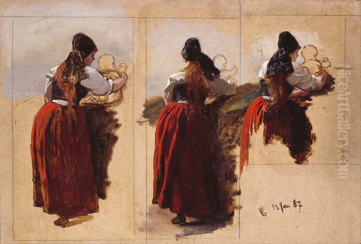 Studies of a Woman from Rugen Oil Painting by Hans Gude