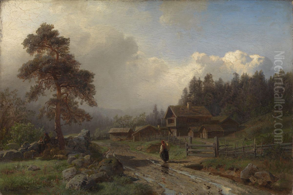 Norwegian Landscape in Rain Oil Painting by Hans Gude