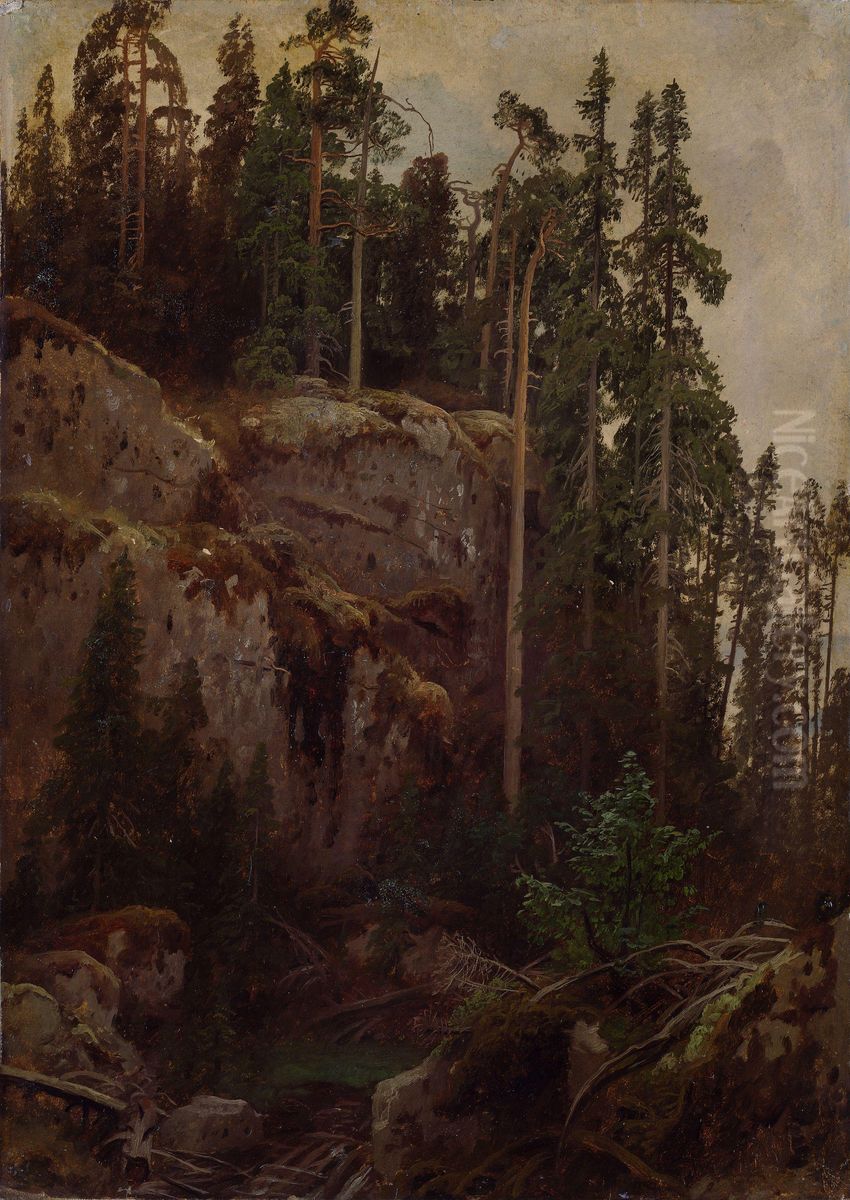 Skogstudie med bratt fjellskrent Oil Painting by August Cappelen