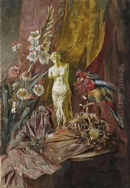 Still Life Withflowers, Artist's Palette, Parakeet And A Statuette Of Venus Demilo. Oil Painting by Hugo Charlemont