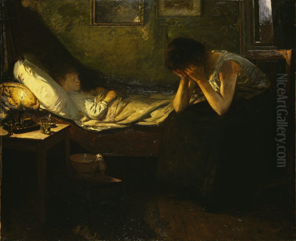 The sick Child Oil Painting by Oscar Wergeland