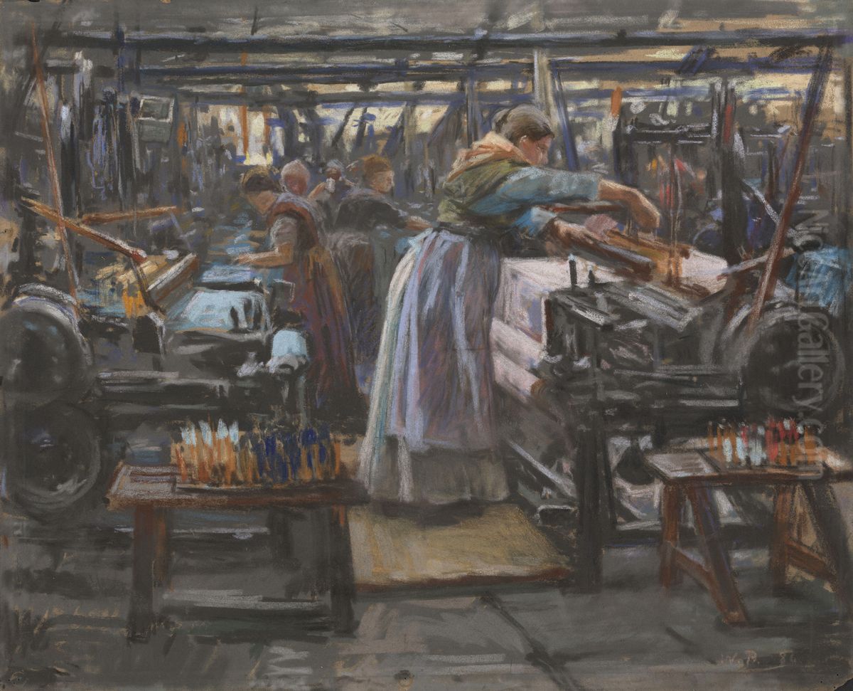 Interior from Hjula weaving Mill Oil Painting by Wilhelm Peters