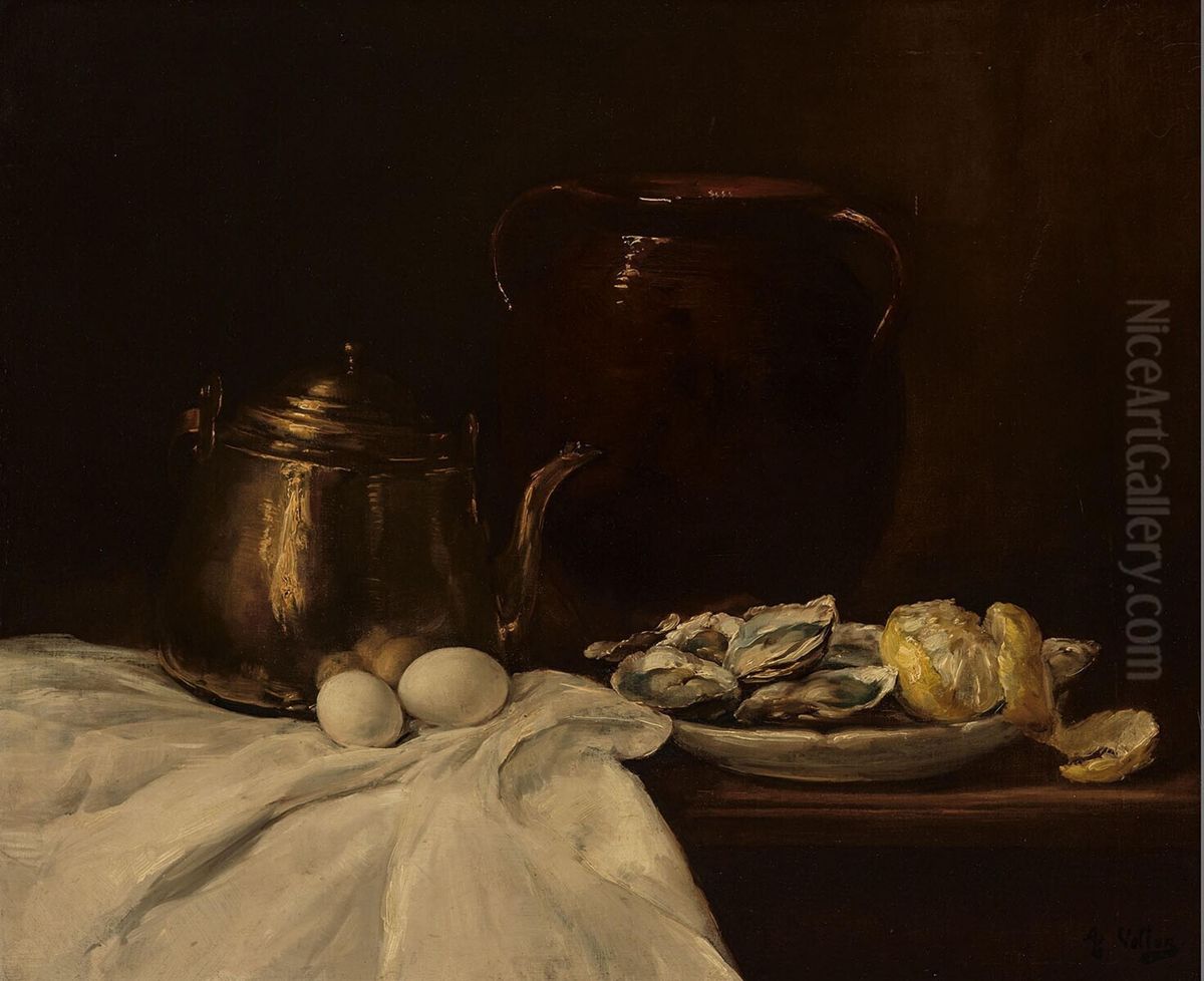 Stilleven met koperen kan, eieren en schaal met oesters Oil Painting by Antoine Vollon