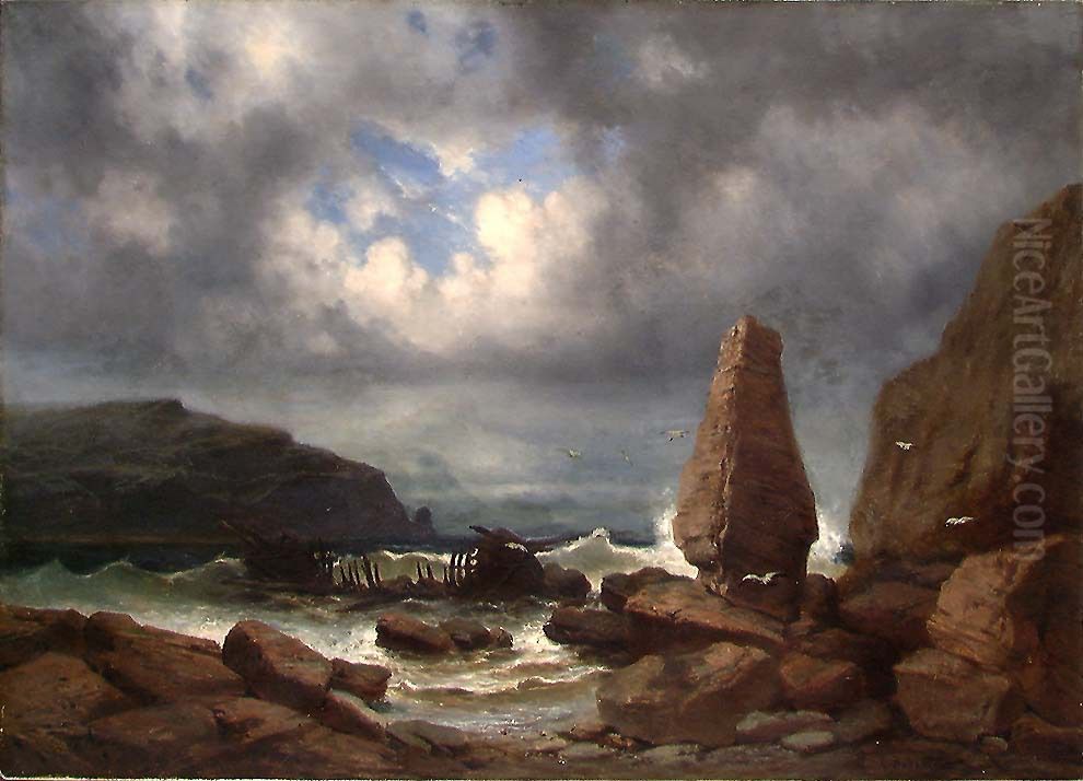Coastal Landscape with Menhir and Wreck Oil Painting by Erik Bodom